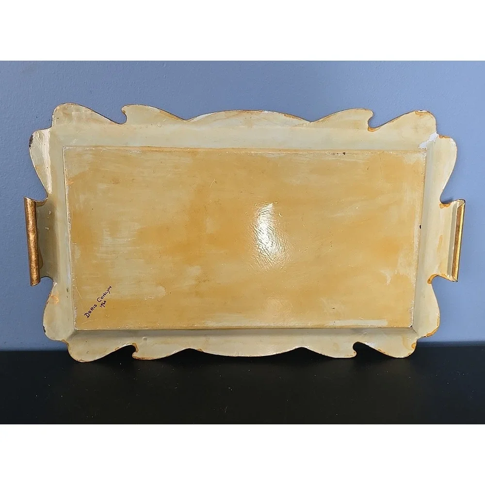 Vintage Gold Metal Handpainted Christmas Tray Lit‎ Candles And Berries 1960